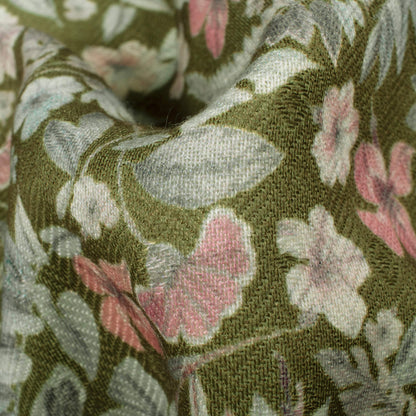 Olive Green And Pink Floral Pattern Digital Print Elegant Blend Pashmina Fabric