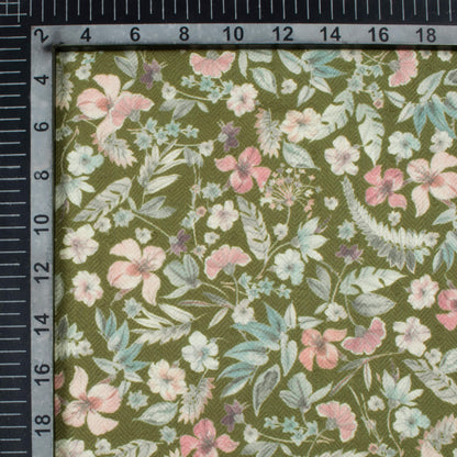 Olive Green And Pink Floral Pattern Digital Print Elegant Blend Pashmina Fabric