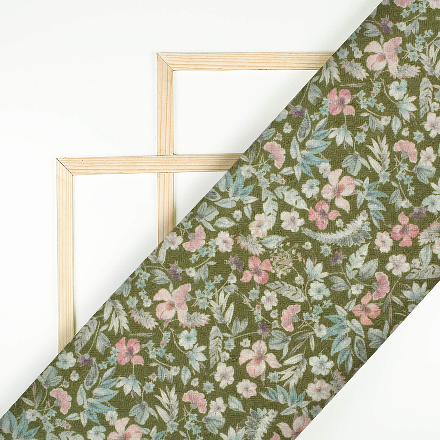 Olive Green And Pink Floral Pattern Digital Print Elegant Blend Pashmina Fabric