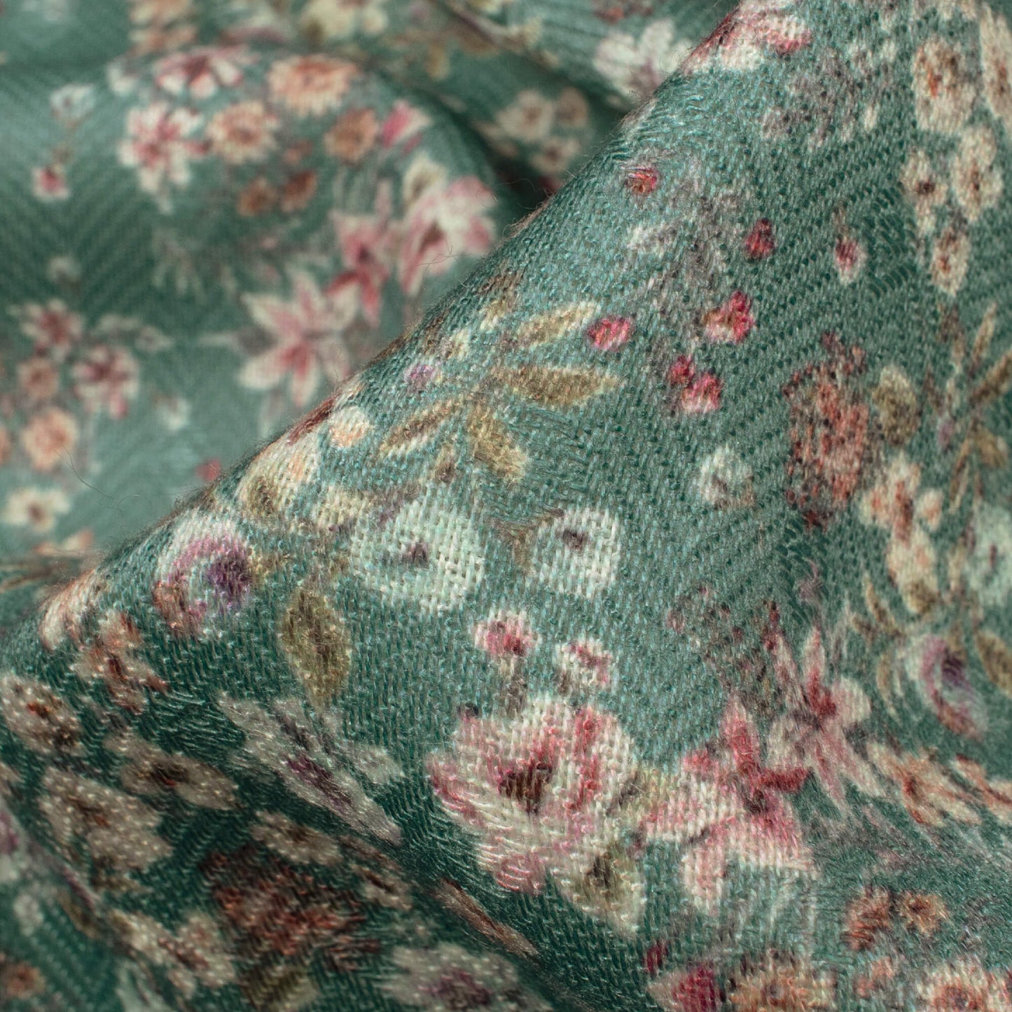 Fern Green And Cream Floral Pattern Digital Print Elegant Blend Pashmina Fabric