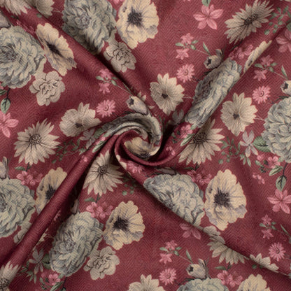 Mahogany Red And Cream Floral Pattern Digital Print Elegant Blend Pashmina Fabric