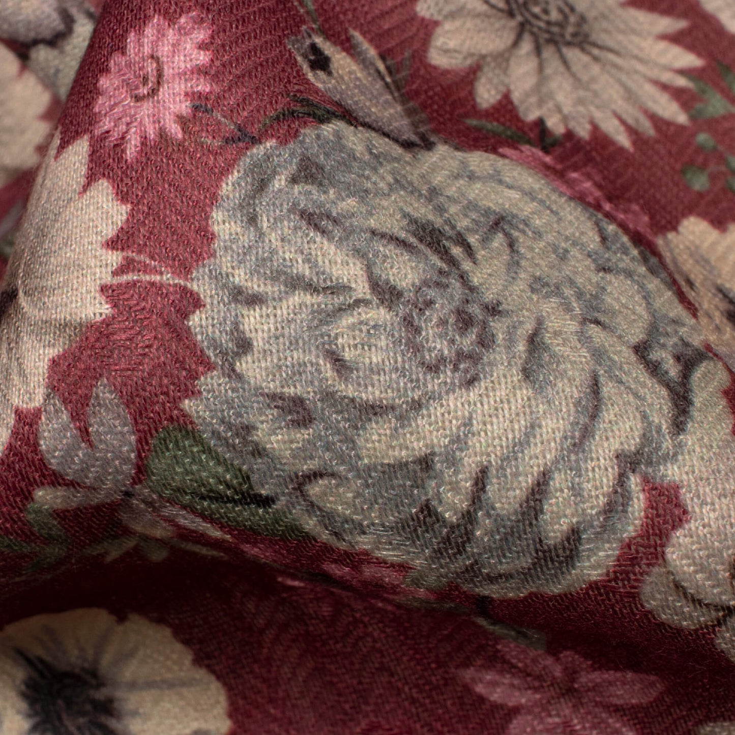 Mahogany Red And Cream Floral Pattern Digital Print Elegant Blend Pashmina Fabric