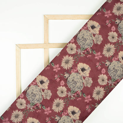 Mahogany Red And Cream Floral Pattern Digital Print Elegant Blend Pashmina Fabric
