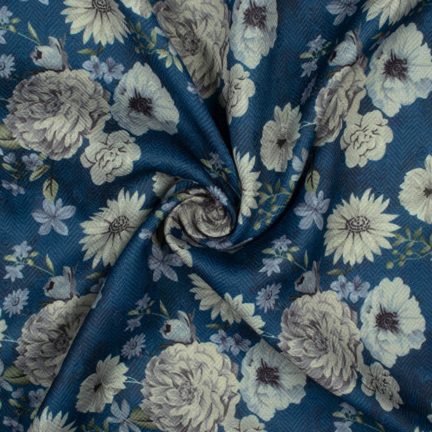 Navy Blue And Cream Floral Pattern Digital Print Elegant Blend Pashmina Fabric