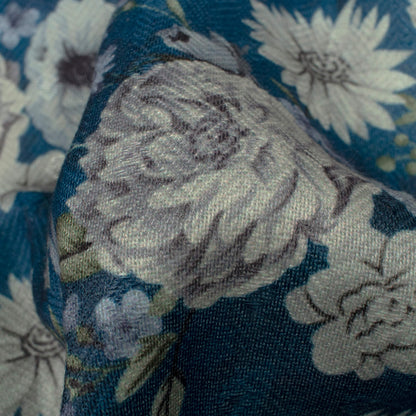 Navy Blue And Cream Floral Pattern Digital Print Elegant Blend Pashmina Fabric