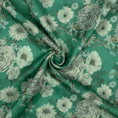 Hunter Green And Cream Floral Pattern Digital Print Elegant Blend Pashmina Fabric