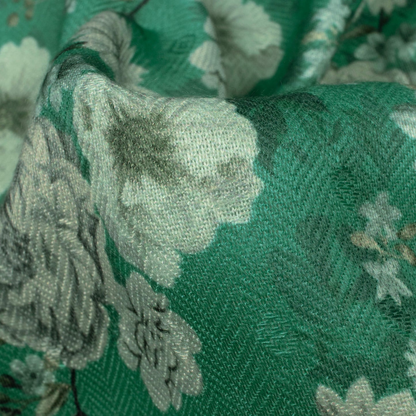 Hunter Green And Cream Floral Pattern Digital Print Elegant Blend Pashmina Fabric