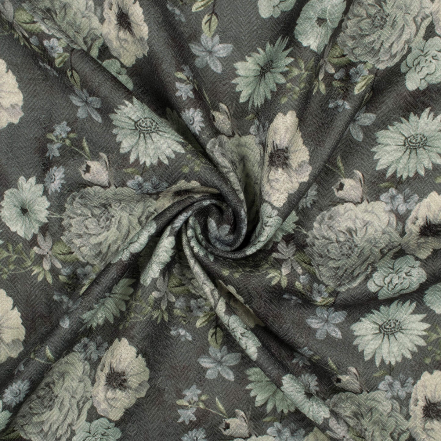 Shadow Grey And Cream Floral Pattern Digital Print Elegant Blend Pashmina Fabric