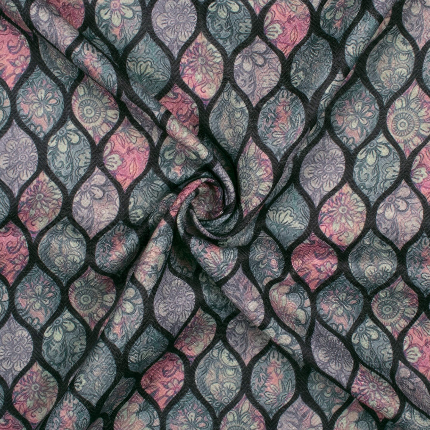 Hunter Green And Pink Floral Pattern Digital Print Elegant Blend Pashmina Fabric