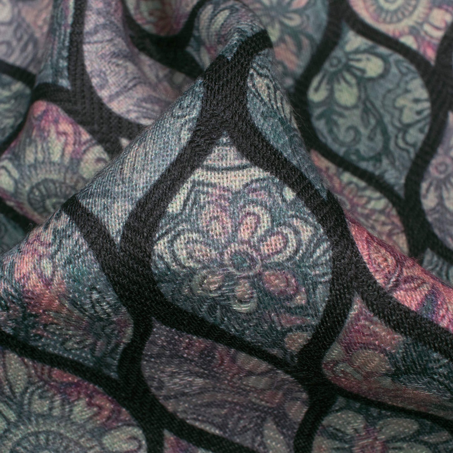 Hunter Green And Pink Floral Pattern Digital Print Elegant Blend Pashmina Fabric