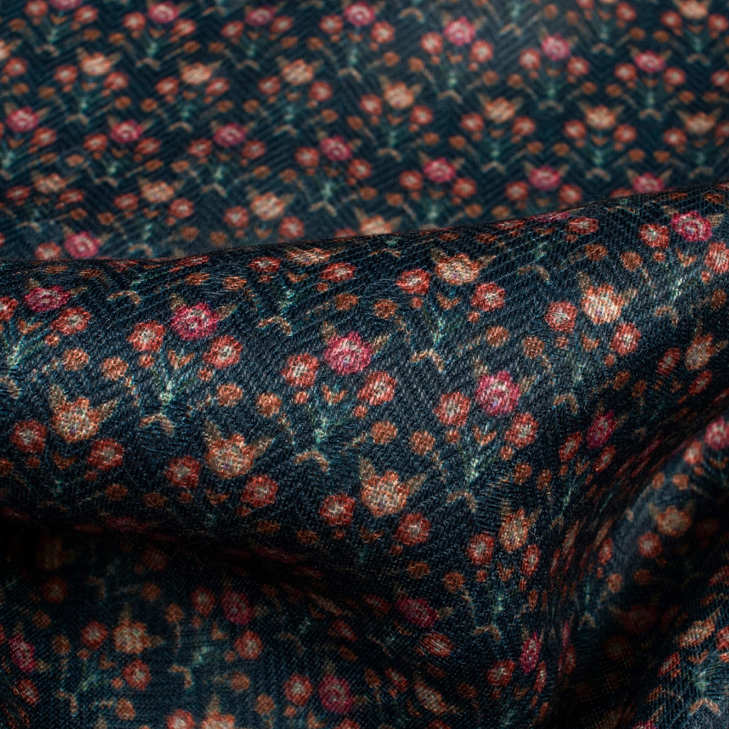 Navy Blue And Red Floral Pattern Digital Print Elegant Blend Pashmina Fabric