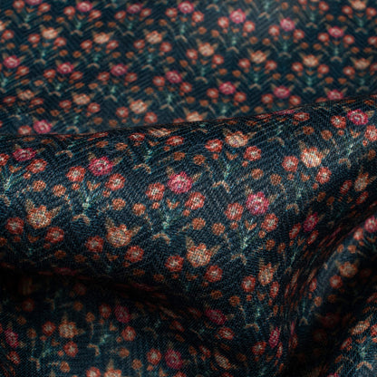 Navy Blue And Red Floral Pattern Digital Print Elegant Blend Pashmina Fabric