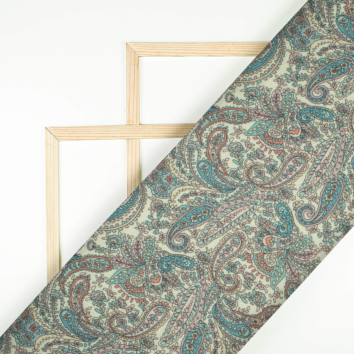 Sky Blue And Cream Paisley Pattern Digital Print Elegant Blend Pashmina Fabric