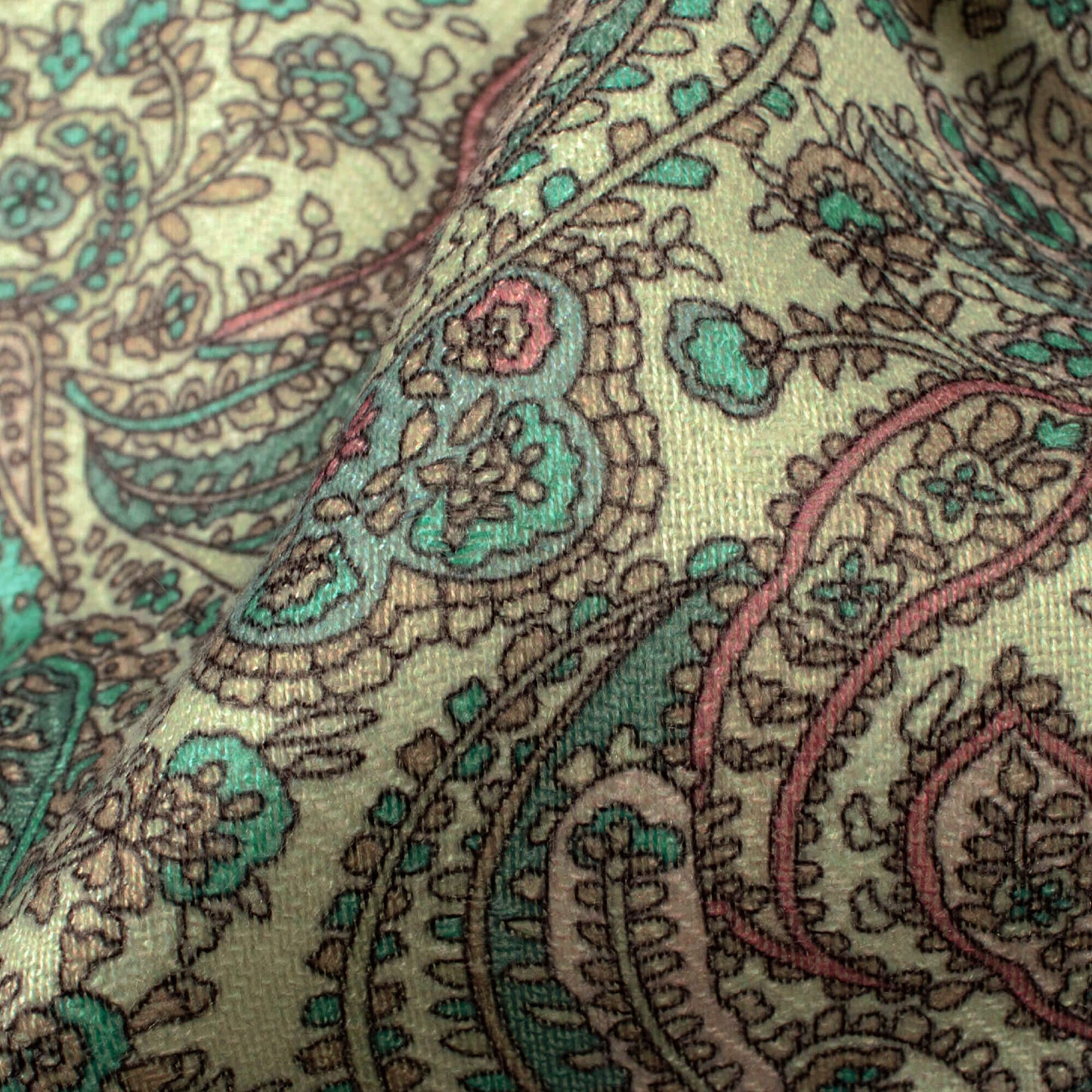Swamp Green And Cream Paisley Pattern Digital Print Elegant Blend Pashmina Fabric