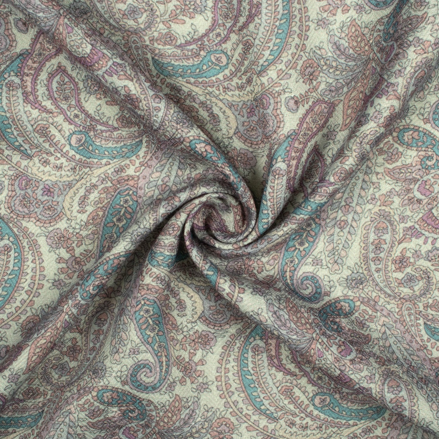 Sea Green And Cream Paisley Pattern Digital Print Elegant Blend Pashmina Fabric