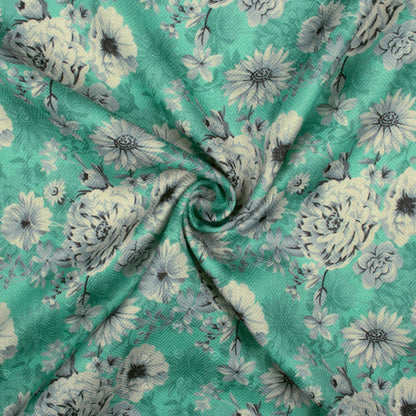 Jade Green And Cream Floral Pattern Digital Print Elegant Blend Pashmina Fabric