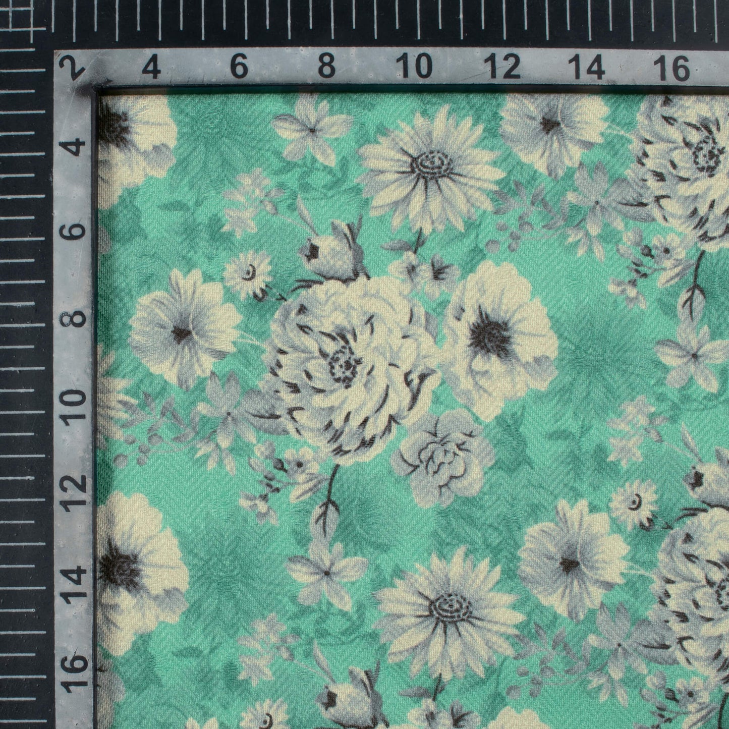 Jade Green And Cream Floral Pattern Digital Print Elegant Blend Pashmina Fabric