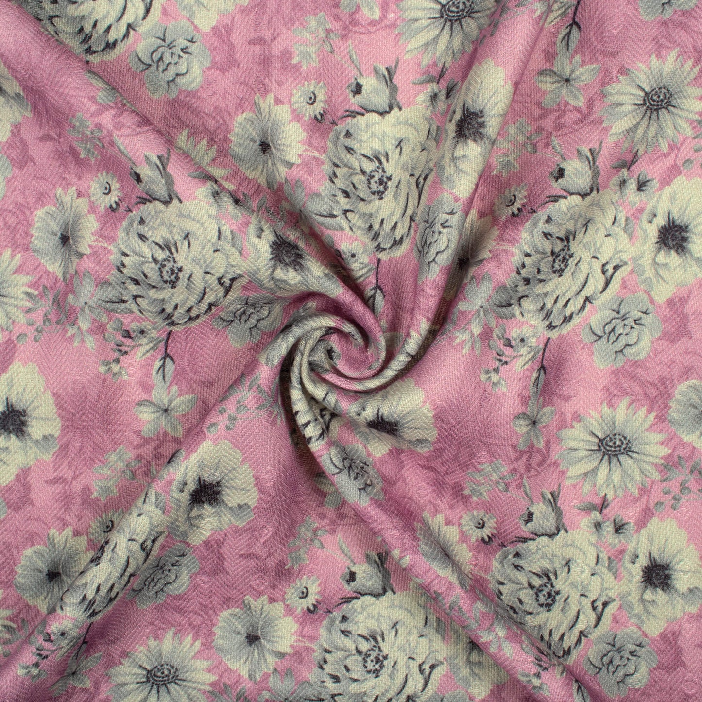 Flamingo Pink And Cream Floral Pattern Digital Print Elegant Blend Pashmina Fabric