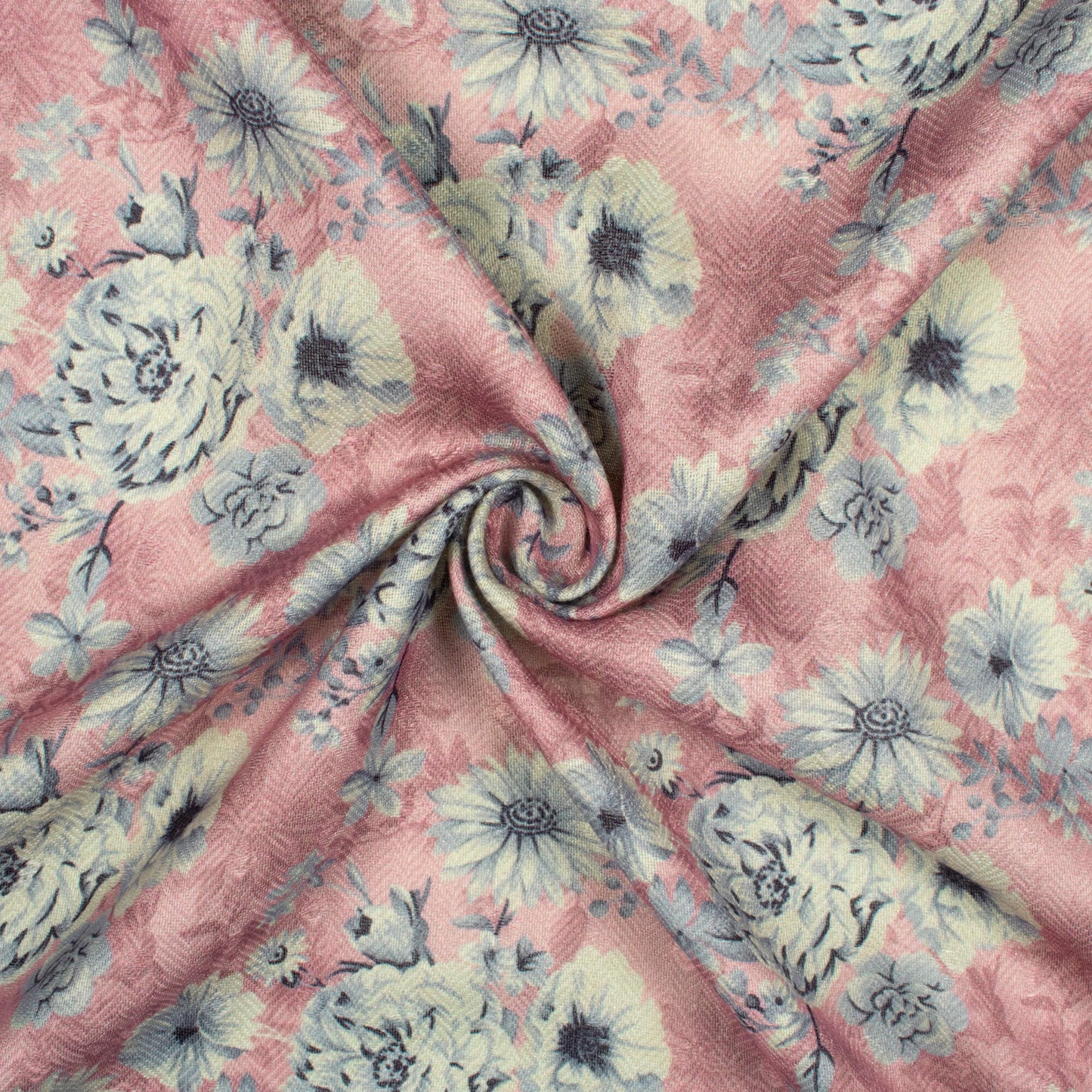 Peach And Off White Floral Pattern Digital Print Elegant Blend Pashmina Fabric