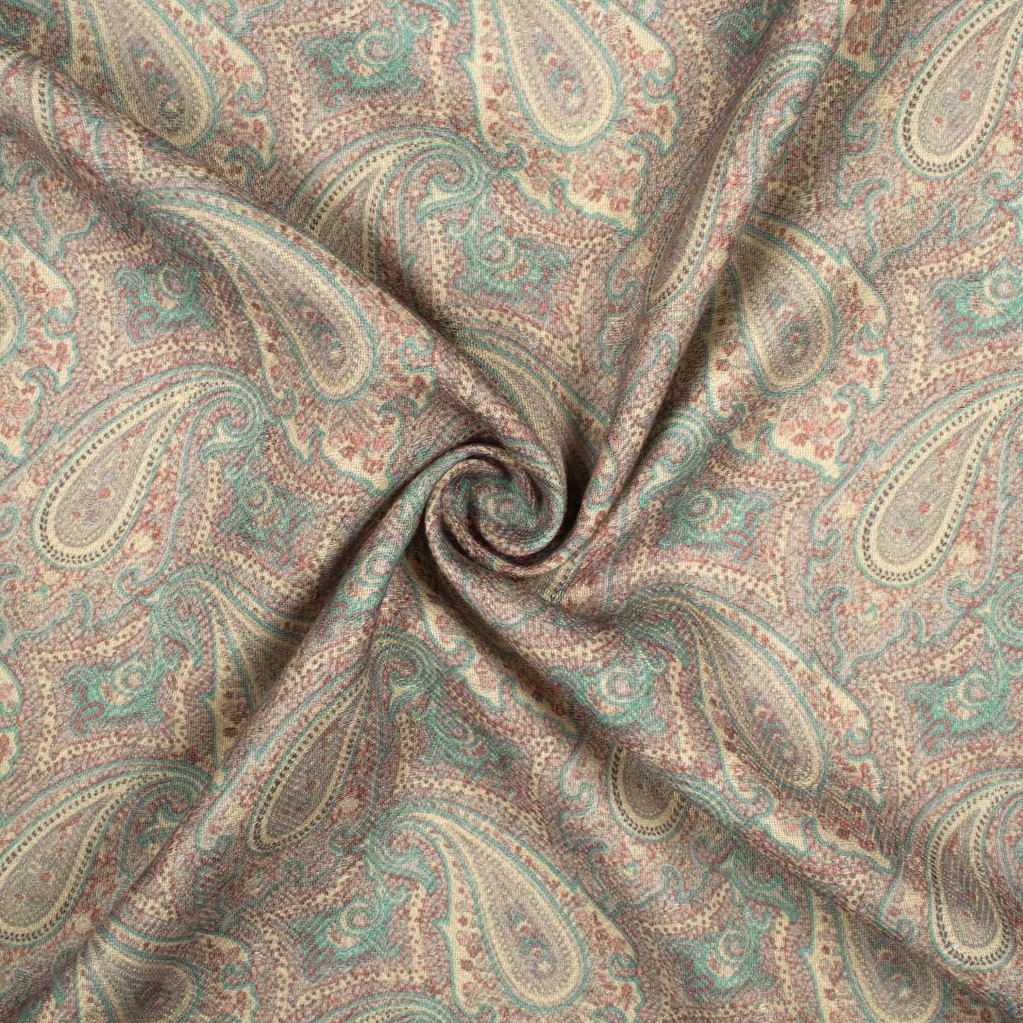 Oat Beige And Sea Green Paisley Pattern Digital Print Elegant Blend Pashmina Fabric
