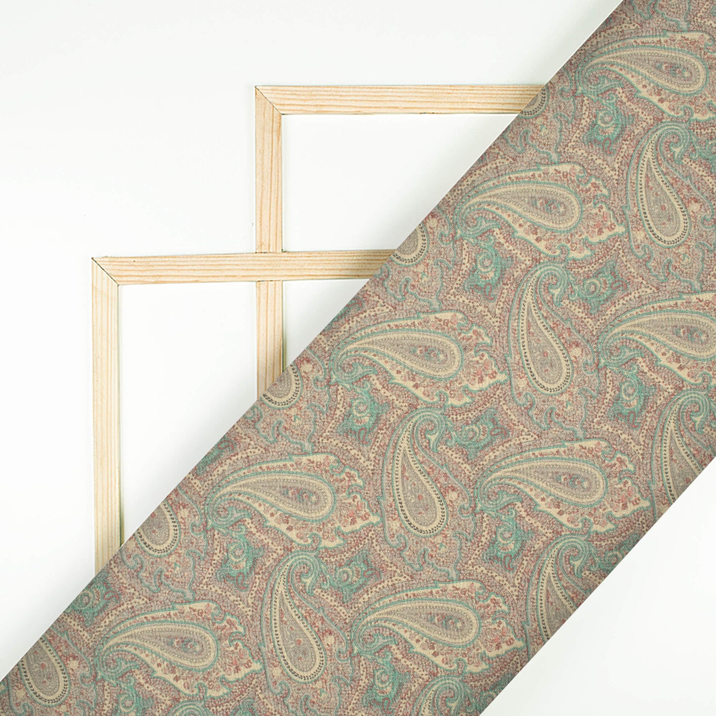 Oat Beige And Sea Green Paisley Pattern Digital Print Elegant Blend Pashmina Fabric