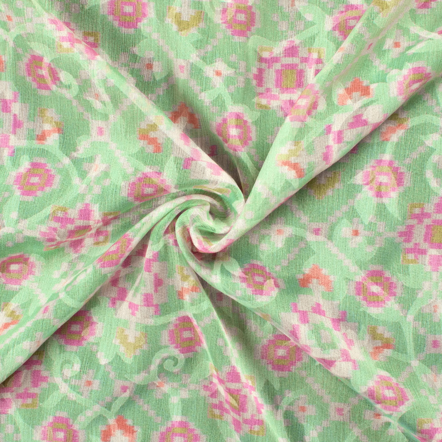 Mint Green And Deep Pink Patola Pattern Digital Print Floral Brasso Fabric