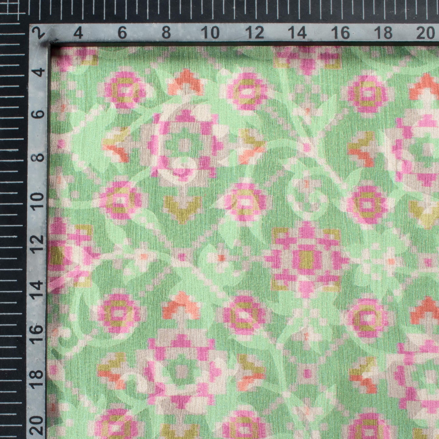 Mint Green And Deep Pink Patola Pattern Digital Print Floral Brasso Fabric
