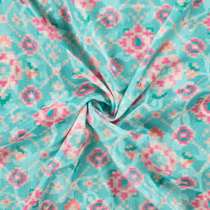 Baby Blue And Deep Pink Patolaa Pattern Digital Print Floral Brasso Fabric