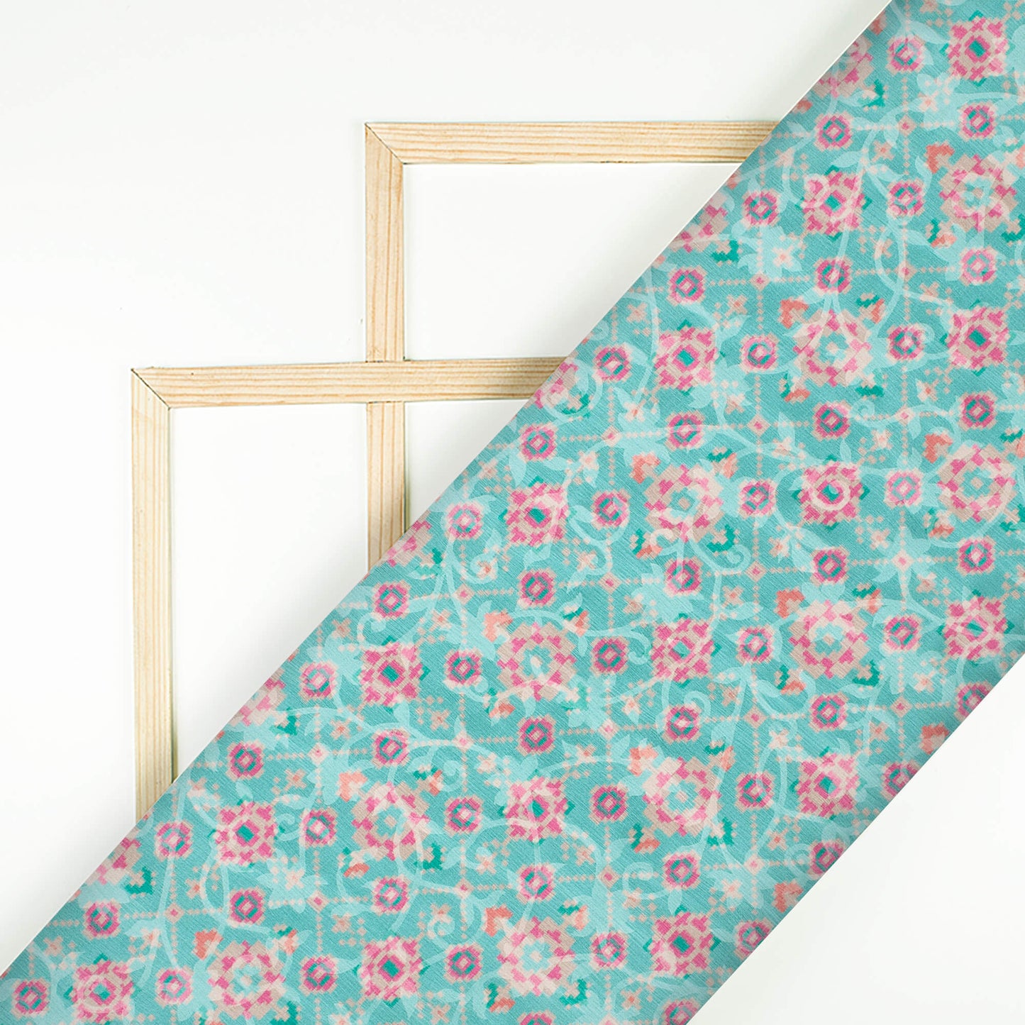 Baby Blue And Deep Pink Patola Pattern Digital Print Floral Brasso Fabric