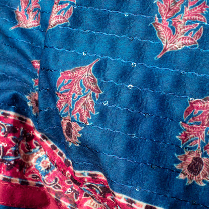Midnight Blue And Red Daman Pattern Sequins Digital Print Superior Velvet Fabric (Width 58 Inches)