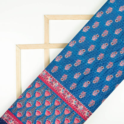 Midnight Blue And Red Daman Pattern Sequins Digital Print Superior Velvet Fabric (Width 58 Inches)