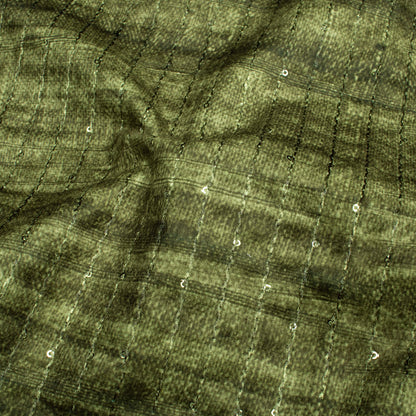Fern Green Textured Pattern Sequins Digital Print Superior Velvet Fabric (Width 58 Inches)