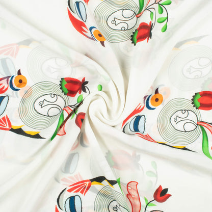 White And Red Bird Pattern Digital Print Viscose Natural Crepe Fabric