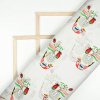 White And Red Bird Pattern Digital Print Viscose Natural Crepe Fabric