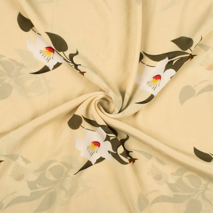 Oat Beige And Old Moss Green Floral Pattern Digital Print Viscose Natural Crepe Fabric