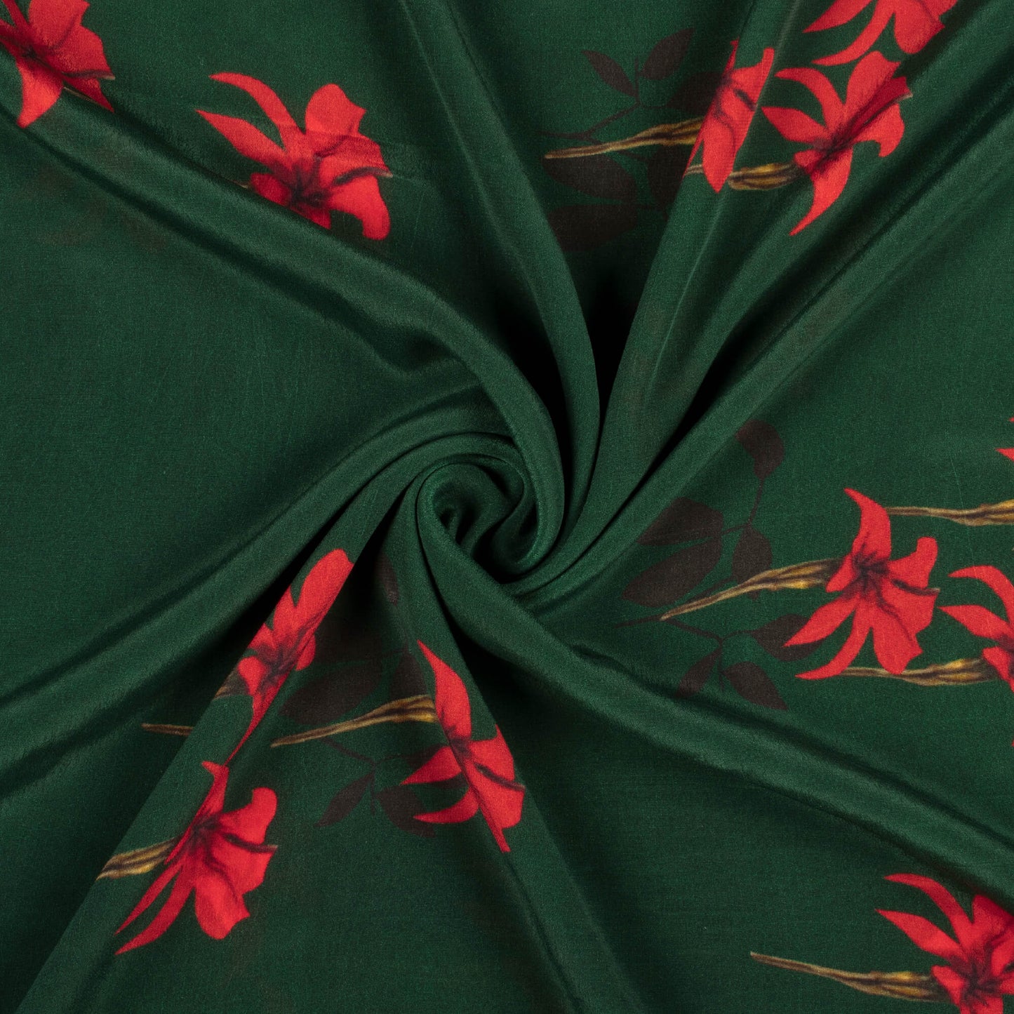 Sacramento Green And Red Floral Pattern Digital Print Viscose Natural Crepe Fabric