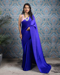 Royal Blue Plain Half Pleated Imported Satin Saree