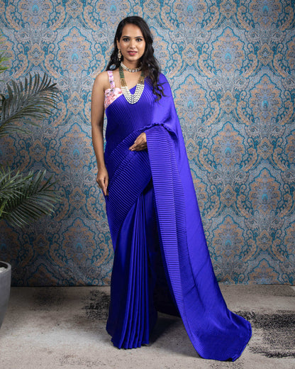Royal Blue Plain Half Pleated Imported Satin Saree