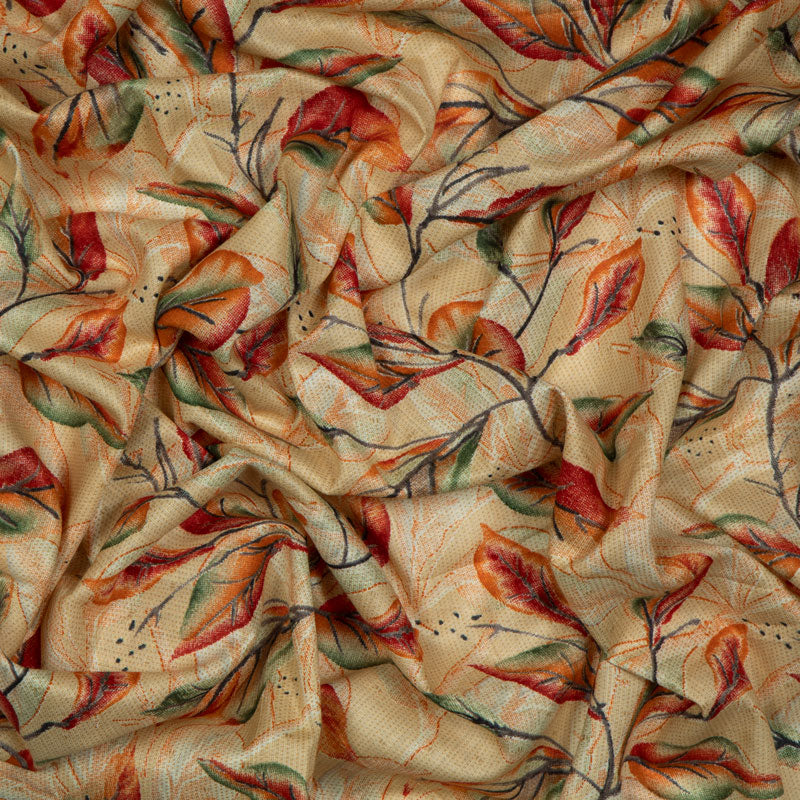 Beige And Red Leaf Printed Cotton Fabric