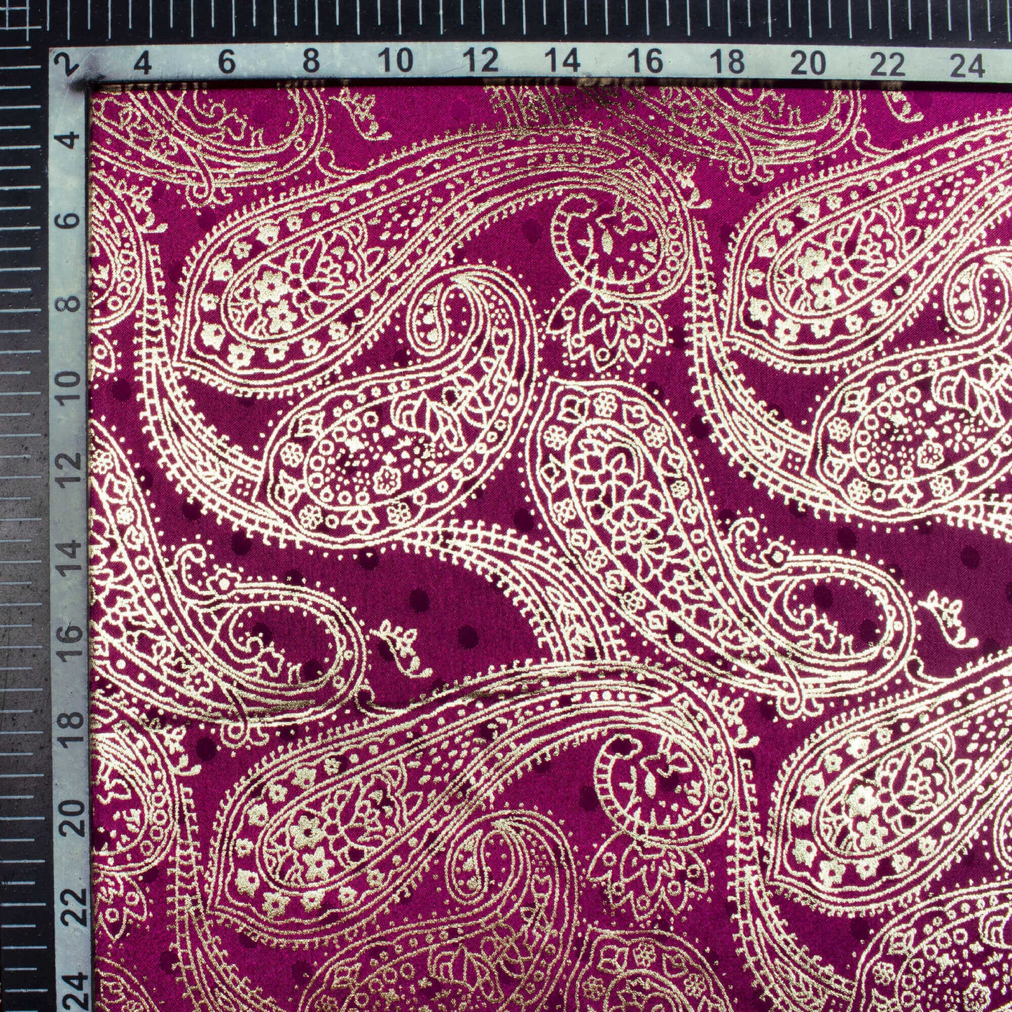 Wine Purple Paisley Pattern Golden Foil Print Jacquard Booti Japan Satin Fabric (Width 54 Inches)