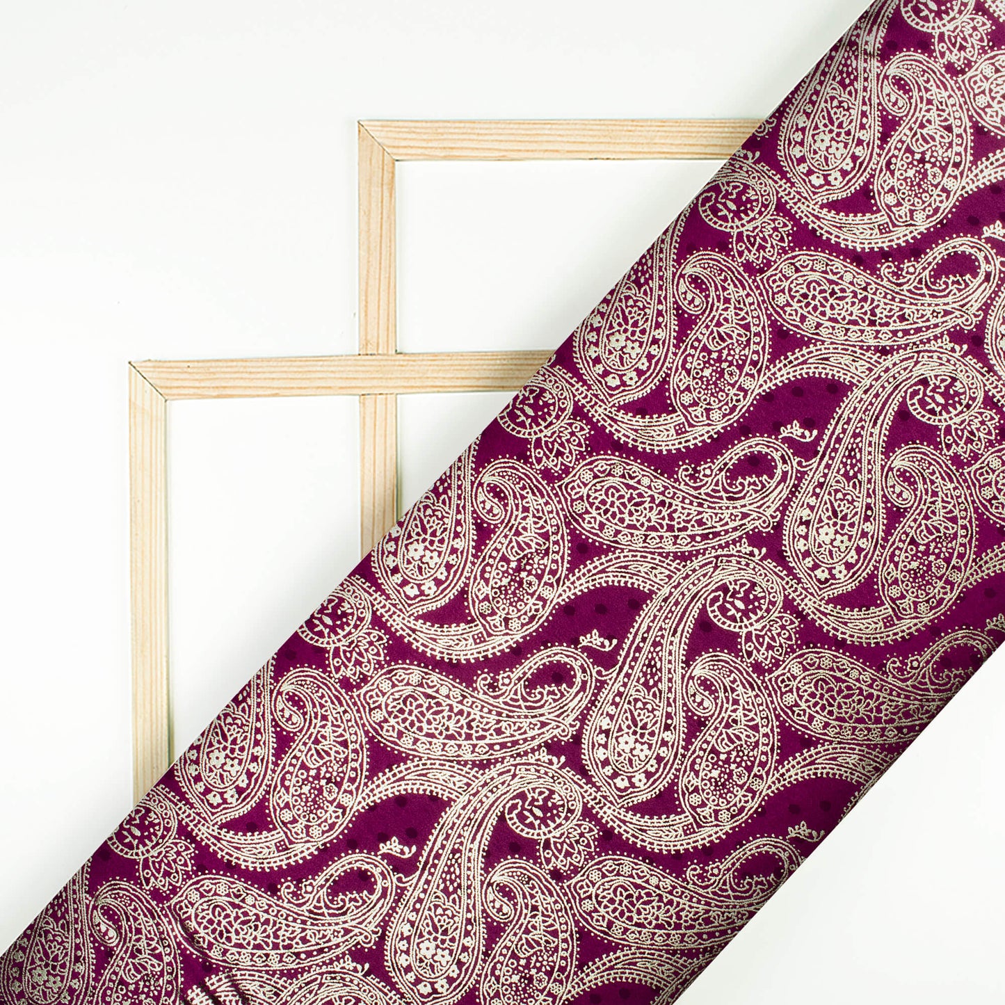 Wine Purple Paisley Pattern Golden Foil Print Jacquard Booti Japan Satin Fabric (Width 54 Inches)