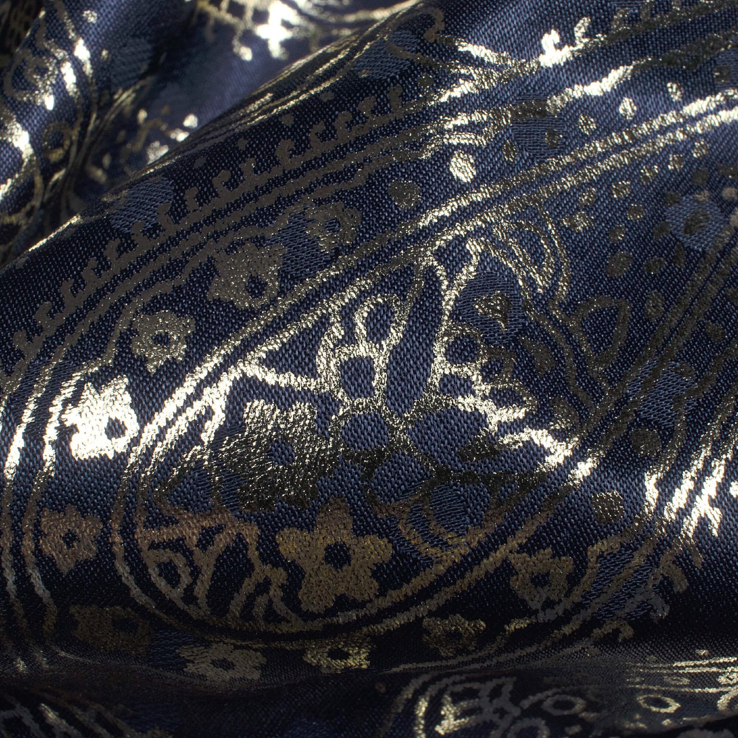Navy Blue Paisley Pattern Golden Foil Print Jacquard Booti Japan Satin Fabric (Width 54 Inches)
