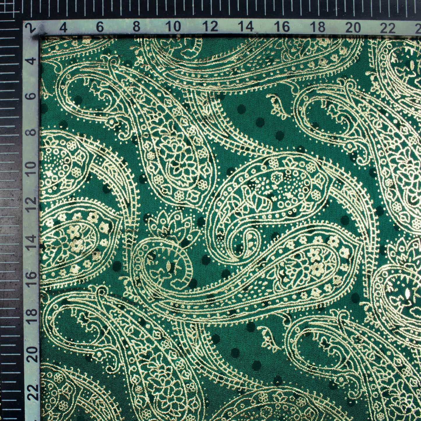 Sacramento Green Paisley Pattern Golden Foil Print Jacquard Booti Japan Satin Fabric (Width 54 Inches)