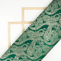 Sacramento Green Paisley Pattern Golden Foil Print Jacquard Booti Japan Satin Fabric (Width 54 Inches)