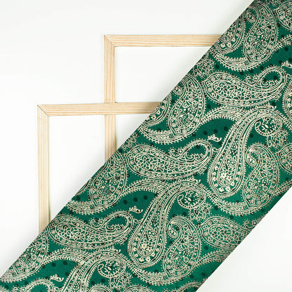 Sacramento Green Paisley Pattern Golden Foil Print Jacquard Booti Japan Satin Fabric (Width 54 Inches)