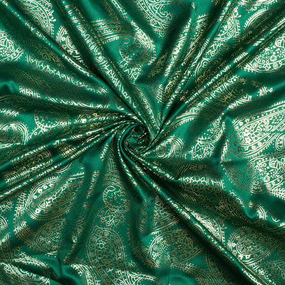 Green Paisley Pattern Golden Foil Print Butter Silk Satin Fabric (Width 56 Inches)