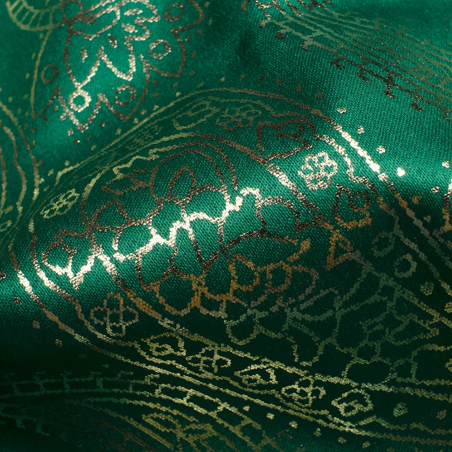 Sacramento Green Paisley Pattern Golden Foil Print Butter Silk Satin Fabric (Width 56 Inches)