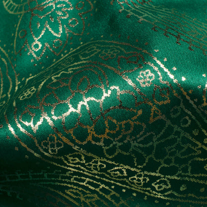 Green Paisley Pattern Golden Foil Print Butter Silk Satin Fabric (Width 56 Inches)