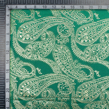 Green Paisley Pattern Golden Foil Print Butter Silk Satin Fabric (Width 56 Inches)