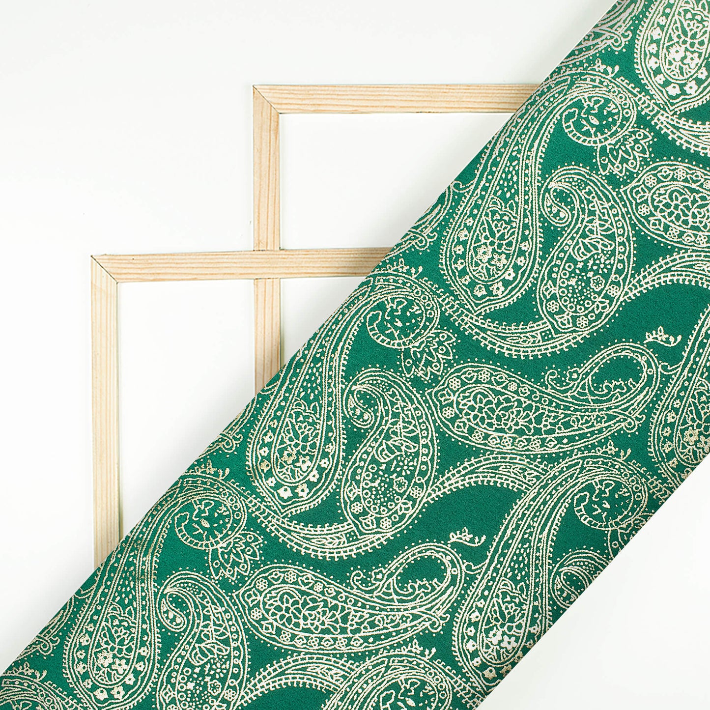 Sacramento Green Paisley Pattern Golden Foil Print Butter Silk Satin Fabric (Width 56 Inches)
